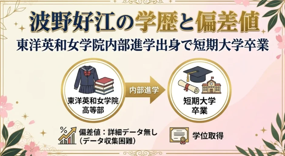「波野好江の学歴と偏差値｜東洋英和女学院内部進学出身で短期大学卒業」というタイトルのアイキャッチ画像を作成して。人物画像は無しで作成して。